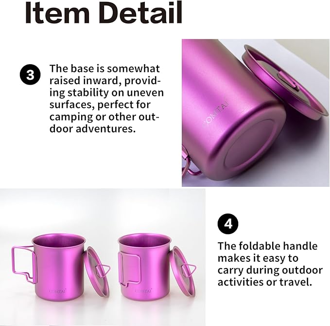 Titanium Camping Pot Mug 15oz (420ml) with Lid and Foldable Handle – Ultralight Camping Cup for Hiking, Backpacking, Outdoor Cooking, Purple