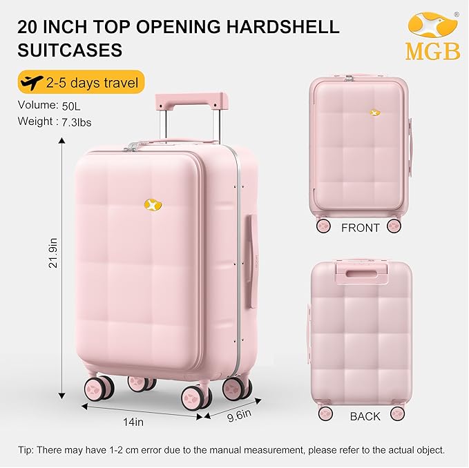 MGB 20 Inch Top Open Carry On Luggage 22x14x9 Airline Approved, 100% PC Hard Shell Carry On Suitcase with Spinner Wheels, Front Opening Travel Luggage for Women Men Gifts. Pink