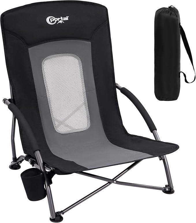 PORTAL Beach Chairs for Adults Camping Low Lightweight Portable Chair with Cup Holder Mesh Back Carry Bag for Outdoor Sand Lawn Travel Picnic Festival Concert, 350LBS