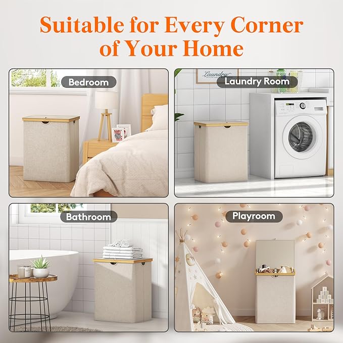 Lifewit 120L Double Laundry Hamper with Lid, Extra Large Bamboo Laundry Basket Dirty Clothes Hamper, 2 Section Laundry Bin Organizer for Laundry Room Bedroom with 2 Removable Liners & Bags, Beige