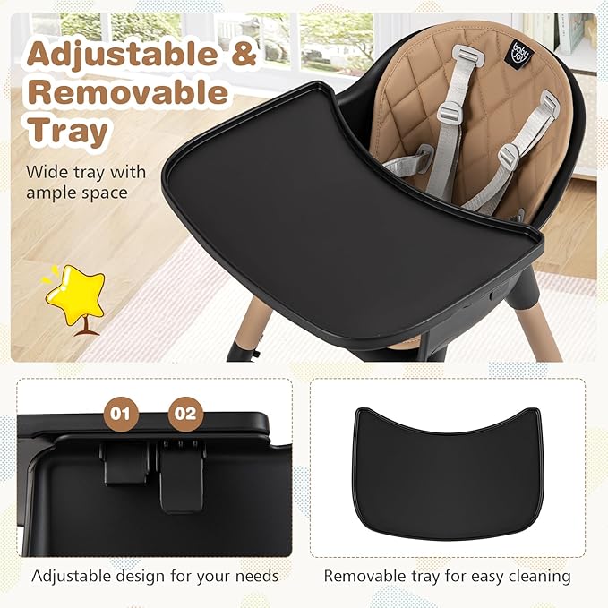 BABY JOY High Chair, 5 in 1 Convertible Highchair for Babies & Toddlers | Booster Seat | Table and Chair Set | Infant Feeding Chair with Removable Tray, Safety Harness, Removable Cushion (Brown)