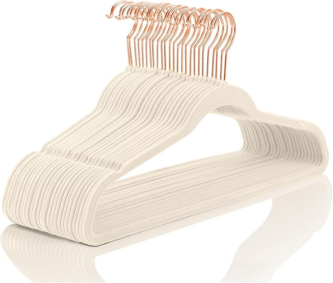 MIZGI Premium Velvet Hangers (50 Pack) Heavy Duty - Non Slip Felt Hangers - Velvet Suit Hanger Ivory - Rose Gold Hooks,Space Saving Clothes Hanger