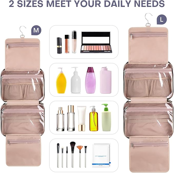 Hanging Toiletry Bag for Women Travel, 2 Sizes Large & Small Waterproof Cosmetic Organizer with 4 Compartments, Rotating Hook, Foldable Pink Travel Bag for Toiletries & Makeup - Large Grey