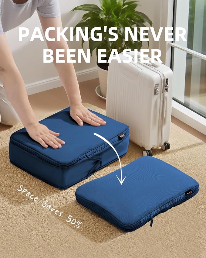 6 Set Compression Packing Cubes for Travel, Large Medium Small Luggage Organizers, Storage Bags for Clothes (6 Pack, Dark Blue)