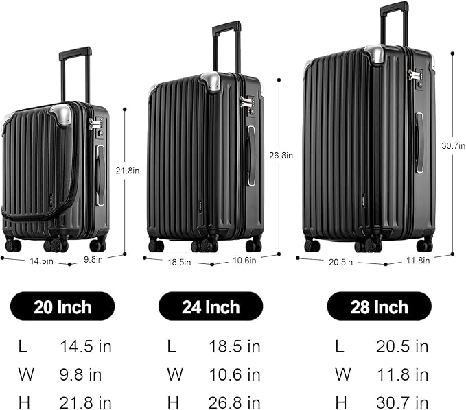 LEVEL8 Grace Luggage Sets Hardshell Suitcase with Wheels, Sturdy Large Suitcase Tsa Lock 20 Inch Expandable Carry on 24 Inch 28 Inch Checked Luggage, 3-Piece Set (20/24/28), Black
