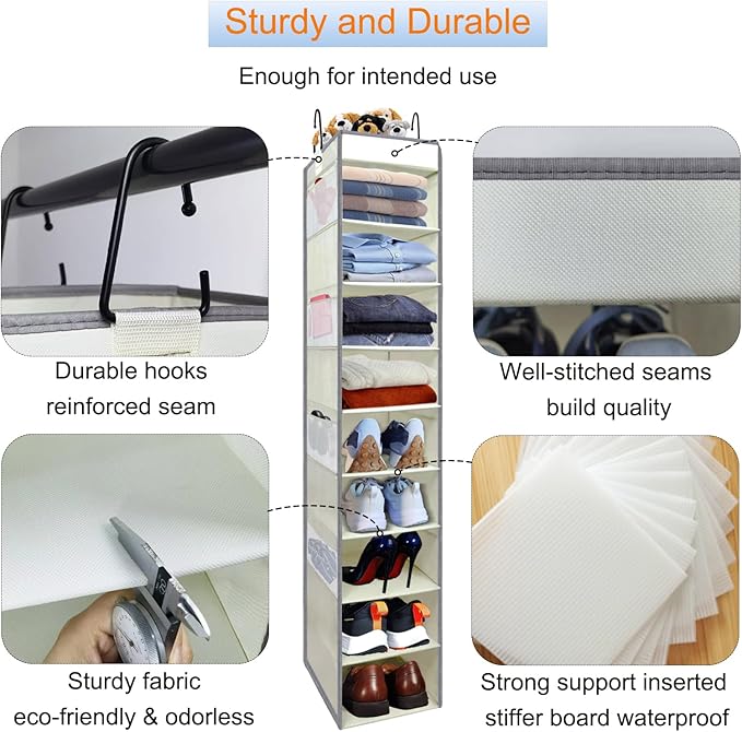 Large-Sized Hanging Shoe Organizer 10-Shelf, Sturdy Hanging Closet Organizer with 8 Side Pockets, Wider Hanging Shelves for Storage Shoes Clothes Jeans Shirts Toys, Beige