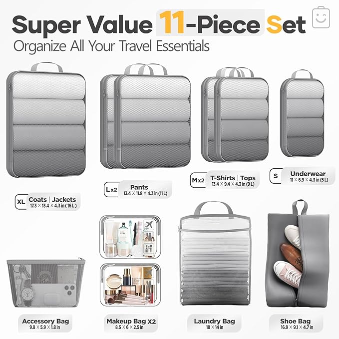 Veken 11 Set Compression Packing Cubes for Travel Essentials,Compressible Expandable Large Luggage Suitcase Organizer Bags for Clothing,Durable Space Saver Storage Bags with Toiletry Bags(Gray)