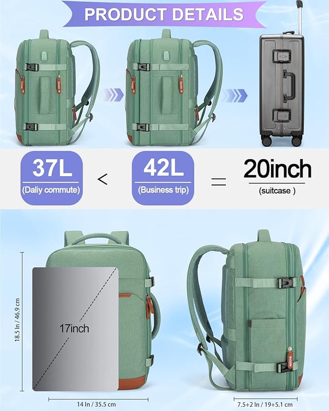 42L Travel Laptop Backpack, Expandable Carry-on Luggage, Anti-Theft Business Weekender Bag with USB Port, 3 Packing Cubes & Shoe Bag (Green)