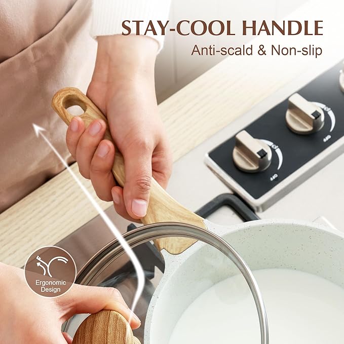 SENSARTE White Ceramic Nonstick Saucepan with Lid 1.5 Quarts, Small Cooking Pot with Stay Cool Handle, Induction Compatible Saucepot, White Granite Coating, Free of Intentionally Added PTFE/PFOA/PFAS