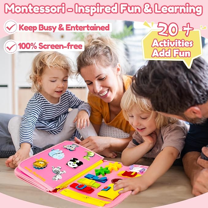 Qizfun Busy Board Book Montessori Toys for 1 2 3 4 Year Old, Girl Birthday Gifts, Educational Sensory Learning Toy for Toddlers 1-3, Car Airplane Travel Activities Toys for Kids Ages 2-4 Year Old