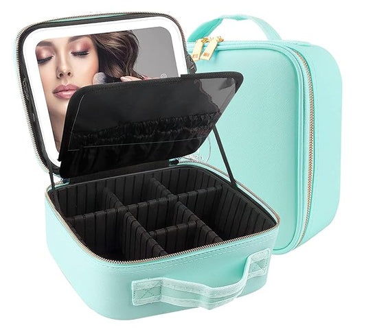 MOMIRA Travel Makeup Bag Cosmetic Bag Makeup Organizer Bag with Lighted Mirror, Adjustable Brightness in 3 Color Scenarios, Waterproof Makeup Train Case, Gift for Women - Green