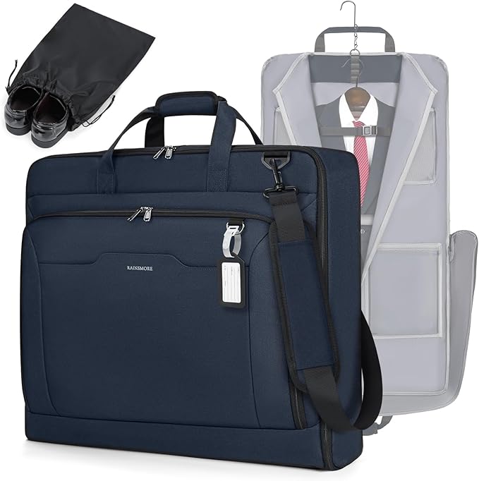 RAINSMORE Garment Bags for Travel Carry On Garment Bag for Hanging Clothes, Suit Bag for Business Trips with Shoes bag & Shoulder Strap, Waterproof Foldable Suit Luggage Bag for Men Women, Blue