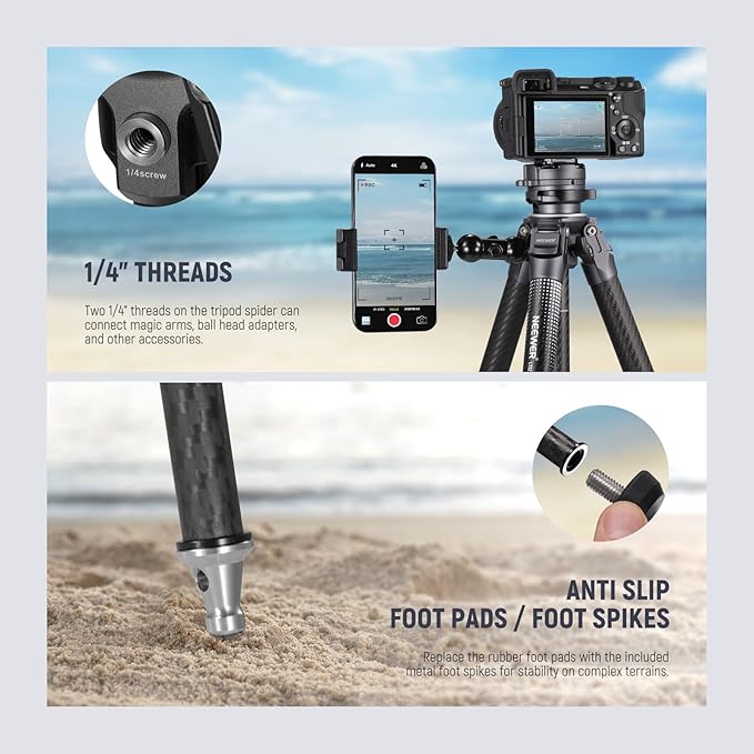 NEEWER LITETRIP LT32 Camera Travel Tripod, Carbon Fiber Portable Stand, Ball Head Detachable Center Axis Flip Buckle Cleaning Cloth Arca QR Plate Compatible with Peak Design Capture V3 (Former TP62)