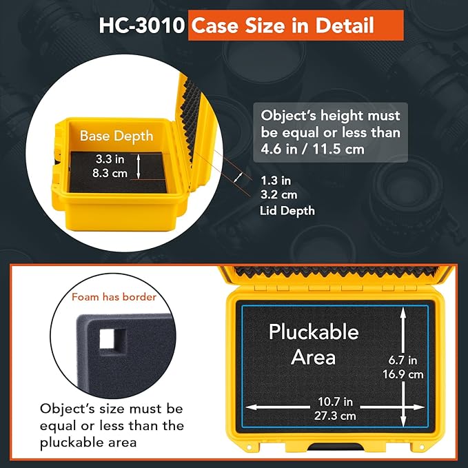 Lykus HC-3010 Waterproof Hard Case with Customizable Foam Insert, Interior Size 11.81x7.87x4.72 in, Suitable for Pistol, Camera, Lens, Drone, Mic, Flashlight, Electronics, Tools, and More