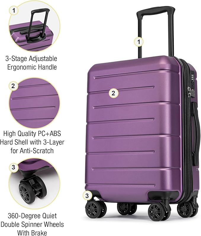 KYME Hardside Expandable Carry On Luggage 22x14x9 Airline Approved with TSA Lock Hardshell Carry On Suitcase with Wheels Small Travel Rolling 20 Inch Luggage with Cup Holder for Women Dark Purple