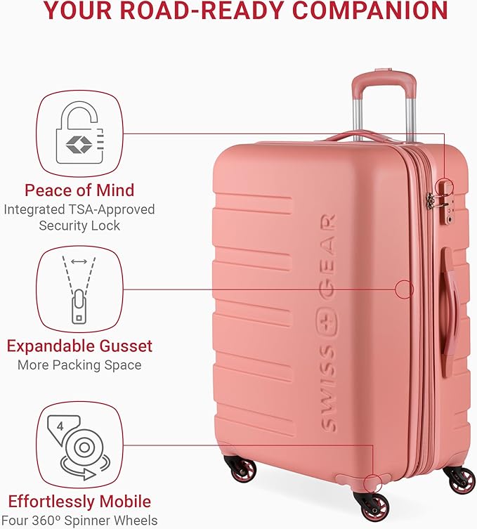 SwissGear 7366 Hardside Expandable Luggage with Spinner Wheels, Coral Almond, Checked-Medium 23-Inch