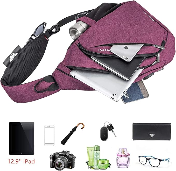 mixi Sling Bag Men Backpack Unisex One Shoulder Bag Hiking Travel Backpack Crossbody with USB Port for Men Women Versatile Casual Daypack-19 inch,Purple