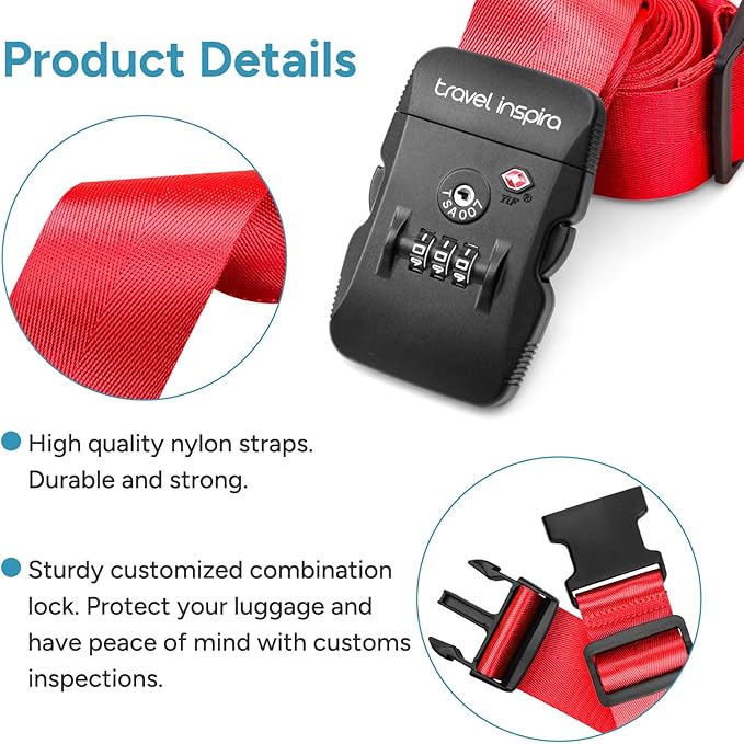 Travel Inspira TSA Lock Luggage Straps for Suitcases | Anti-Burst Protection, High Visibility Color, Easy Identification | Adjustable Heavy-Duty Belt for 20-32 Inch Suitcases