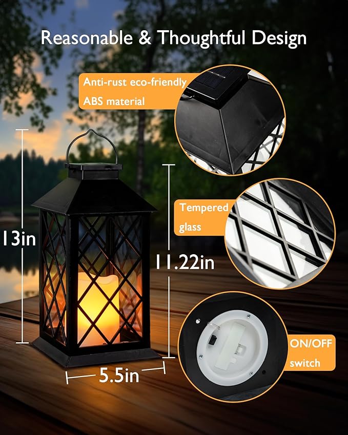 Homemory Solar Lanterns Outdoor Waterproof Hanging with Flickering Flameless Candles, 2 Pack 13'' Garden Outdoor Lantern Decorative for Patio Front Porch Backyard Balcony Cabin Outside Table(Black)