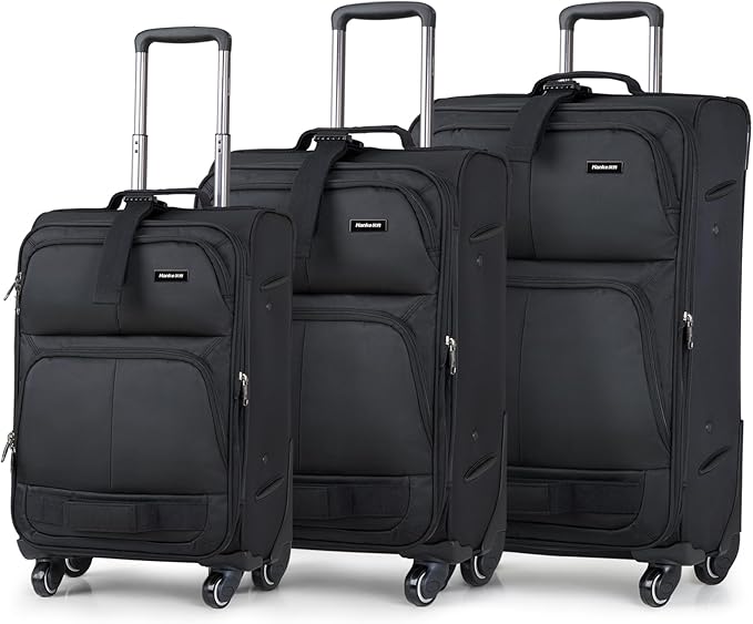 Hanke 3 Piece luggage Sets Softside Expandable luggage with Spinner Wheels TSA Lock,Travel Lightweight Luggage Sets,Black