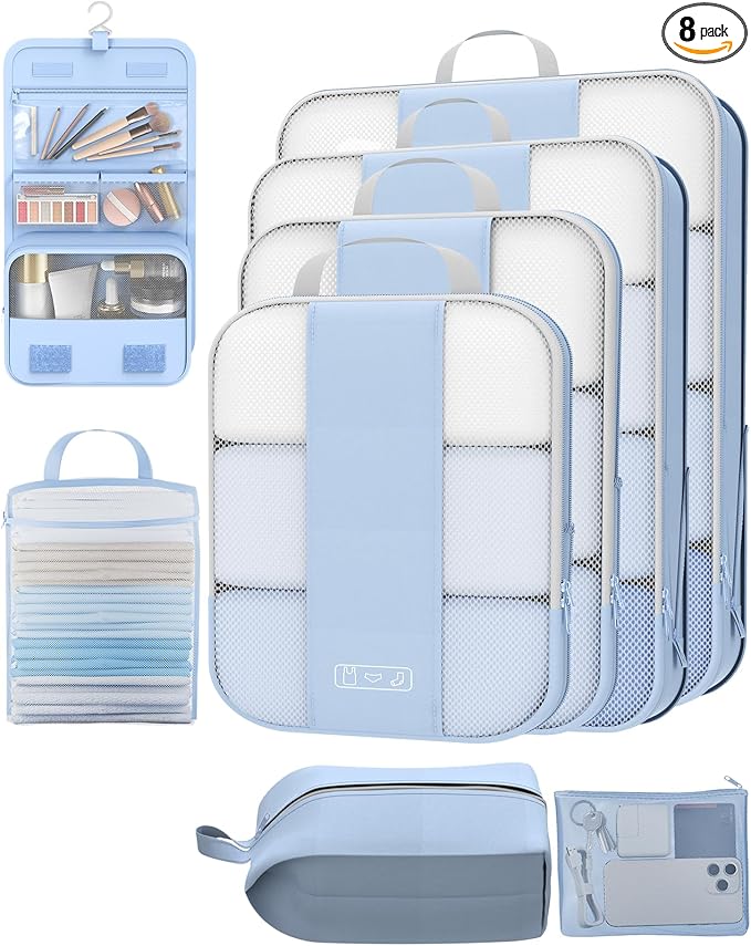 8 Set Compression Packing Cubes for Travel Essentials,Compressible Expandable Packing Cubes for Suitcase,OlarHike Luggage Organizer Bags for Travel,Handy Helper for Organizing Clothes(Light Blue)