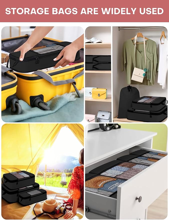 6 PCS Set Compression Packing Cubes for Travel, Lightweight Packing Organizer Bags Travel Essentials for Carry On, Suitcase, Home Closet - Black