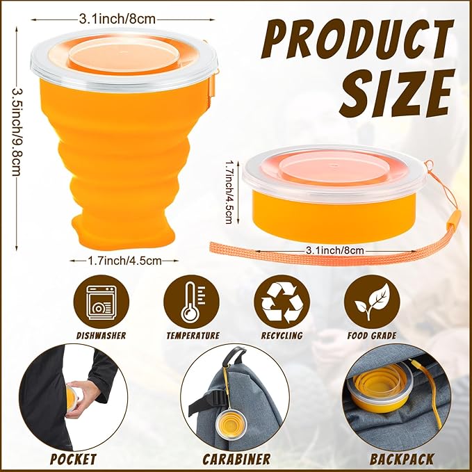 12 Pcs Silicone Collapsible Cup 7.04 oz Folding Camping Travel Collapsible Coffee Cup Portable Reusable Expandable Drinking with Lids for Outdoor Hiking