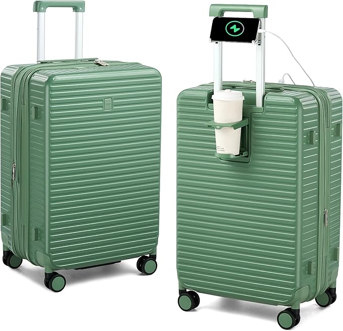 Hard Shell Suitcases Travel Expandable Luggage, 24 Inch Check in Luggage with Spinner Wheels Cup Holder Charger Built in, Checked Medium Suitcase Lightweight Suitcases, Forest Green