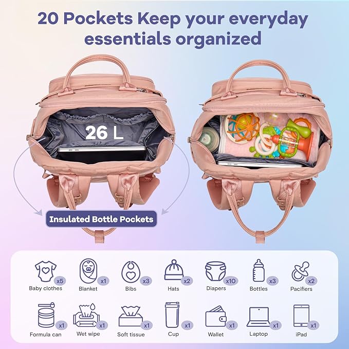 RUVALINO Diaper Bag Backpack, Multifunction Travel Pack Maternity Baby Changing Bags, Large Capacity, Waterproof, Pink