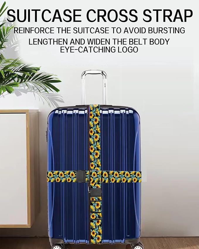Luggage Straps for Suitcases, Adjustable Travel Belt, Durable Wide Luggage Strap, Cute Suitcase Strap Identifiers with Buckle, Bag Straps for Luggage, Cute Sunflowers Butterfly