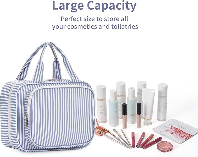 Narwey Striped Hanging Toiletry Bag for Women Travel Makeup Bag Organizer Toiletries Bag for Travel Size Essentials Accessories Cosmetics (Greyish Blue Stripe (Medium))