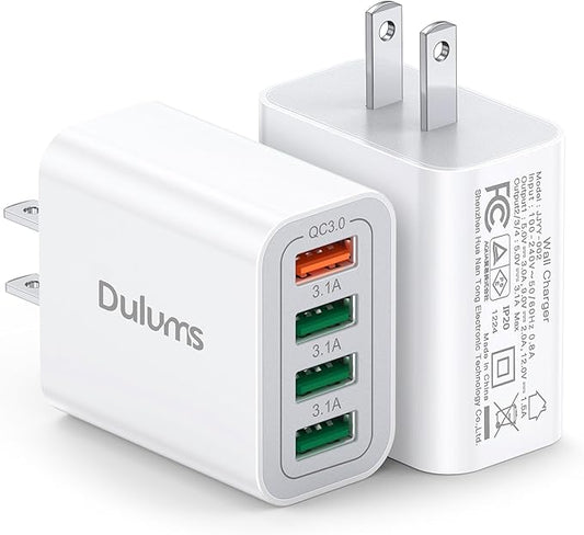 40W USB Wall Charger Block, 2-Pack 4-Port USB A Fast Charging Brick Dual QC Wall Plug Adapter Compatible for iPhone 17/16/15/14/13/12/11 Pro Max Plus,iPad,Galaxy