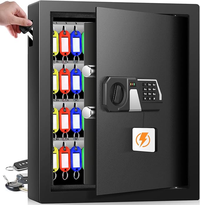 71 Keys Fireproof Key Lock Box, Anti-Theft Key Box Wall Mount with Adjustable Hook Plates, Key Tags and Side Opening, Key Safe Key Cabinet Key Organizer for Home Office Garage Rental Business