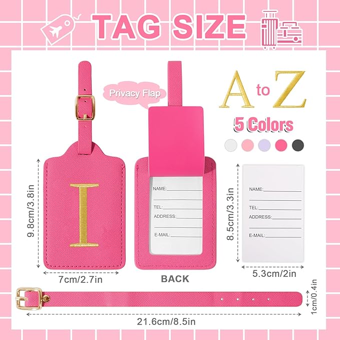 Personalized Initial Luggage Tags for Suitcase, Rose Red Leather Cute Luggage Tags with Privacy Cover Name Card, Embroidered Custom Monogram Luggage Tags Travel Backpack Tag Gifts for Women Kids(I)