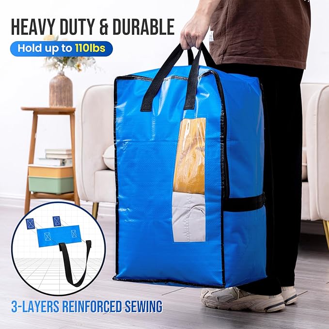 TAILI 4 Pack Blue Moving Bags w/Adjustable Backpack Straps, Moving Supplies, Moving Boxes Alternative, Heavy Duty Storage Totes for College Packing, Camping Backpack for Travel, Dorm, Laundry
