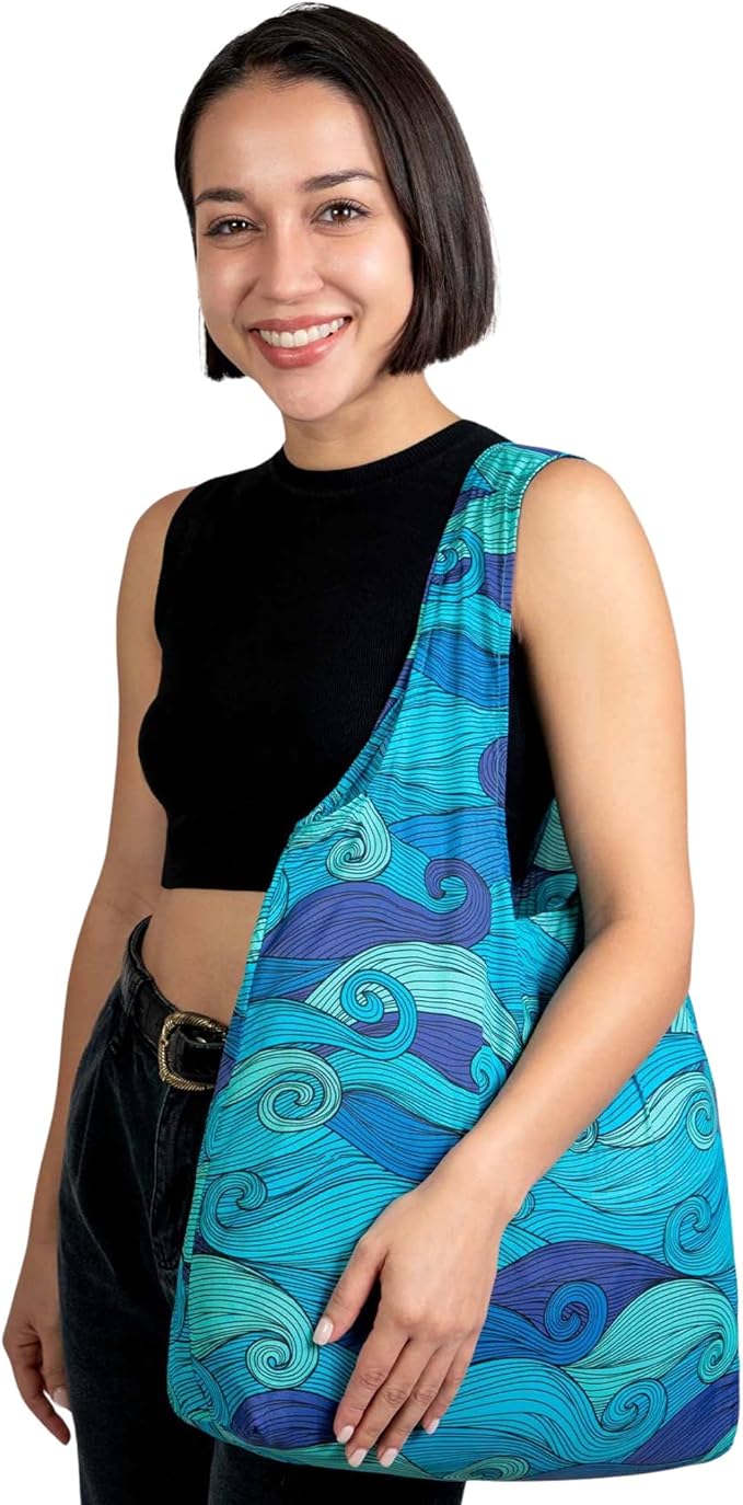 Nanobag Ultra-Lightweight Foldable Tote for Women & Men, Reusable Grocery & Travel Bag, Packable Collapsible Compact Market Essential (Standard Blue Waves)