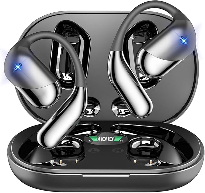 Open Ear Bluetooth 5.4 Headphones, Wireless Earbuds Sport Over Earphones with Ear Hooks 50H Playtime Ear Buds LED Display Charging Case, Waterproof Design for Running Fitness Walking