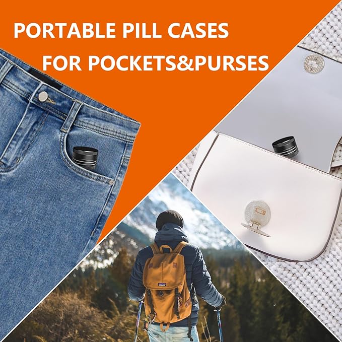 2 Sets Small Pill Box, Portable Daily Box, Aluminium Alloy Round Container for Pills, Pocket Case (Black+Gray)