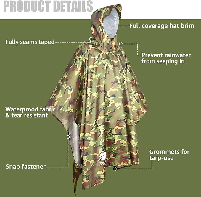 ANYOO Hooded Rain Poncho for Adults Waterproof Lightweight Rain Coat for Men Women Reusable Rain Jacket for Emergency Outdoor
