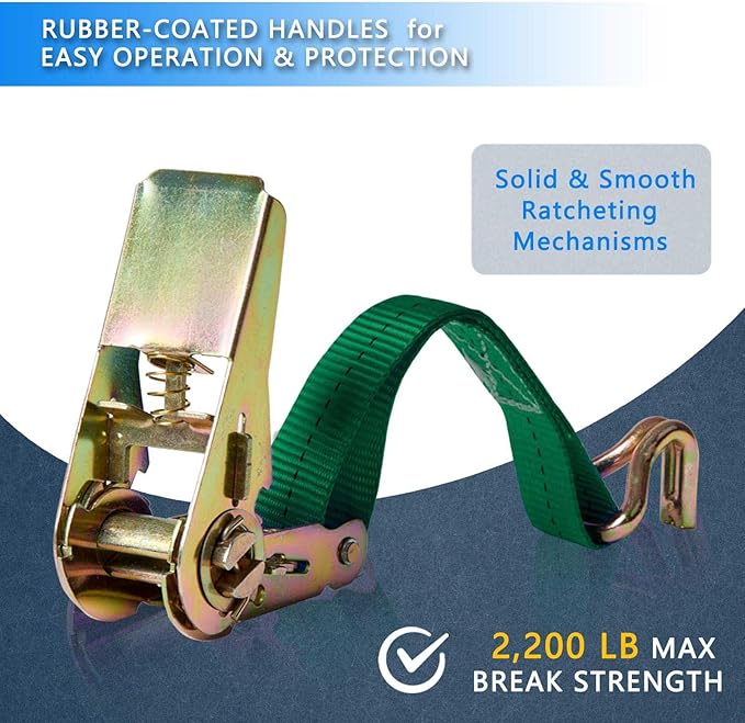 Ratchet Straps (4-Pack), 1 Inch x 16.4 Feet (2200lb Break Strength) with Sturdy Metal Hooks, 1x Work Gloves, Heavy Duty Tie Down Straps for Truck, Cargo Trailer, Motorcycle, Luggage, Moving (Green)