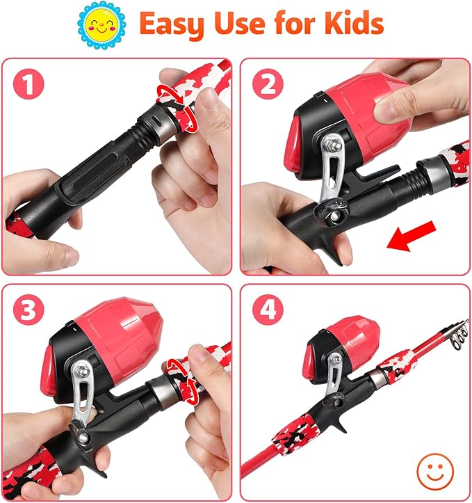 PLUSINNO Kids Fishing Pole with Spincast Reel Telescopic Fishing Rod Combo Full Kits for Boys, Girls, and Adults