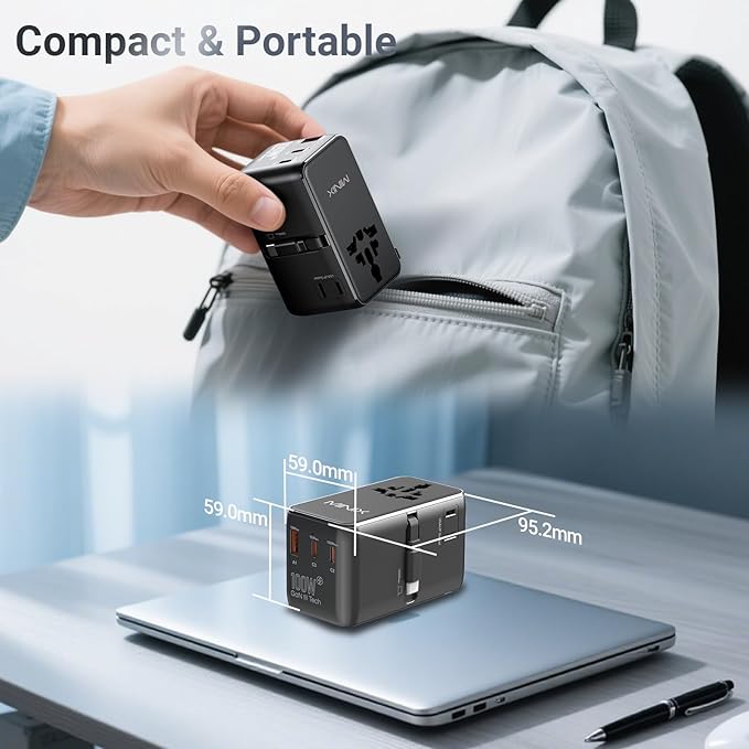 MINIX 100W Universal Travel Adapter with Retractable USB C Cable,GaN III International Power Adapter, Type-C*3 USB-A*1 Ports, AC Outlet, Worldwide Travel Charger for Laptops Tablets Phones Cameras