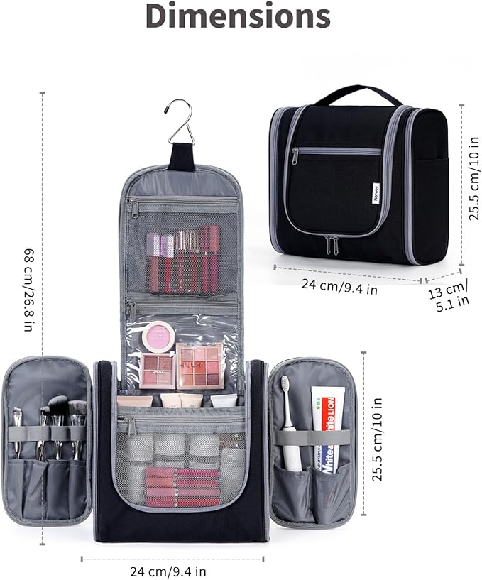 Narwey Hanging Toiletry Bag for Women Travel Makeup Bag Organizer Toiletries Bag for Cosmetics Essentials Accessories (Large, Black)