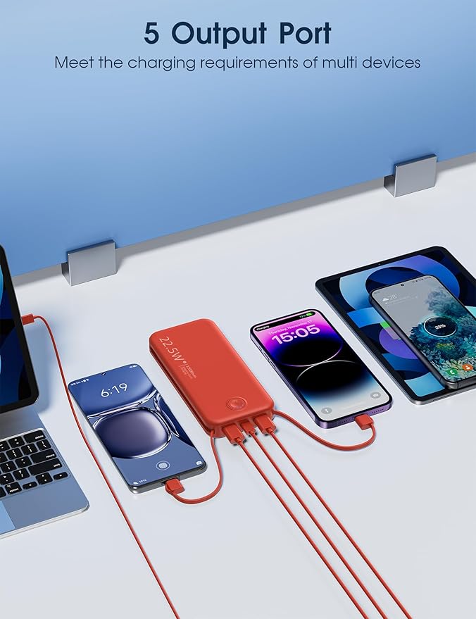 Portable Charger with Built in Cable and AC Wall Plug, USB C Power Bank 12000mAh 22.5W Super Fast Charging, Lightweight Portable Phone Charger Travel Battery Pack for iPhone, Samsung, Tablets (Red)