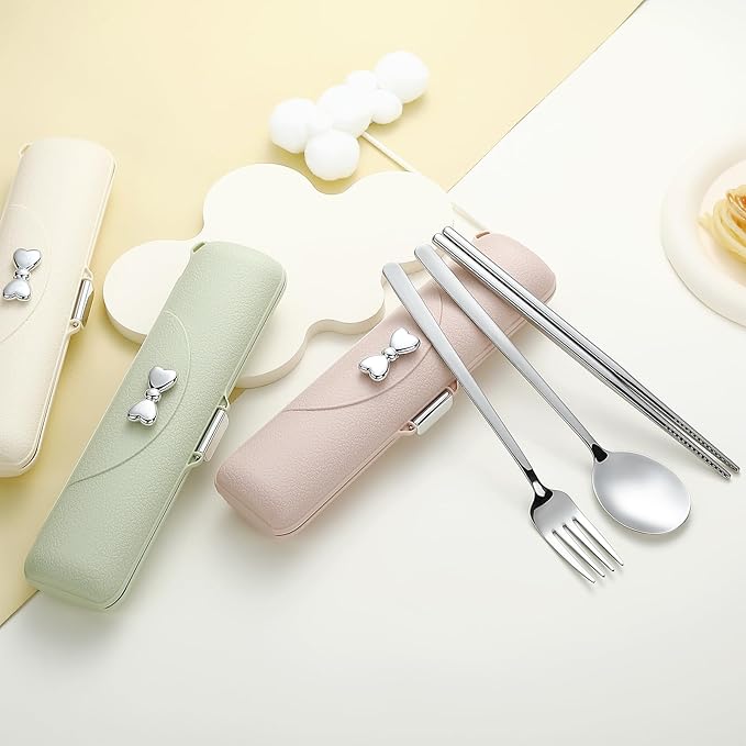 DEVICO Travel Silverware Set with Case, Portable Lunch Utensils Set for Work, Reusable Travel Cutlery Set, 18/8 Stainless Steel Flatware for Caming School Picnic, Dishwasher Safe (Pink)