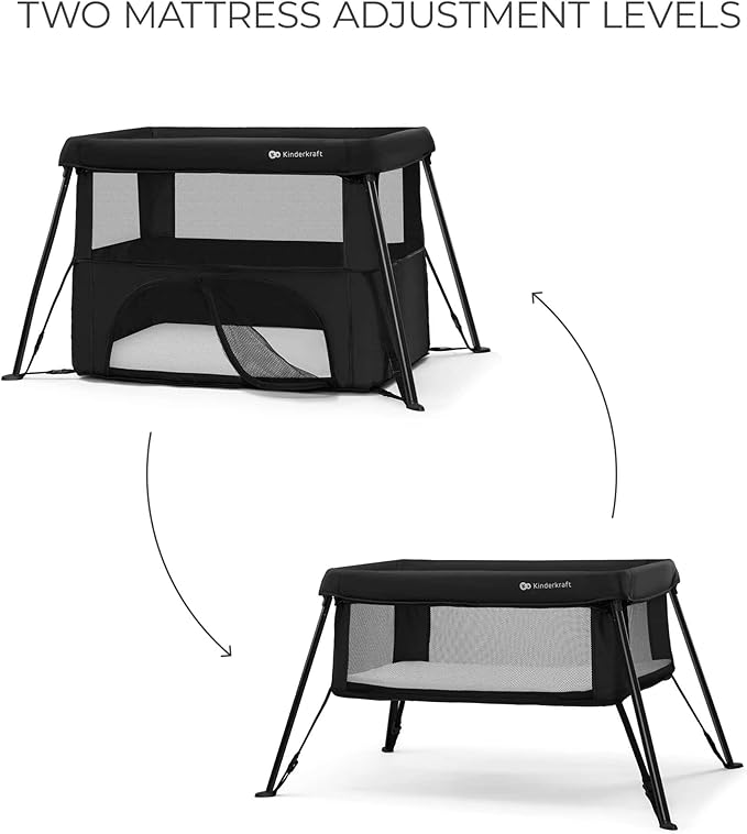 Kinderkraft CAMI 3-in-1 Baby Bed, Travel Bed for Baby, from Birth to 3 Years, Baby cot, Travel cot, Easy to Fold Compactly, Travel Bag Included, Two Levels, Black