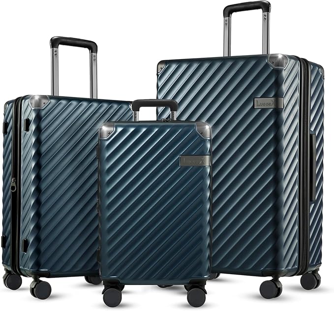 LUGGEX Luggage with Spinner Wheels, Polycarbonate Expandable Hard Shell Suitcase, 3 Piece Set, Navy