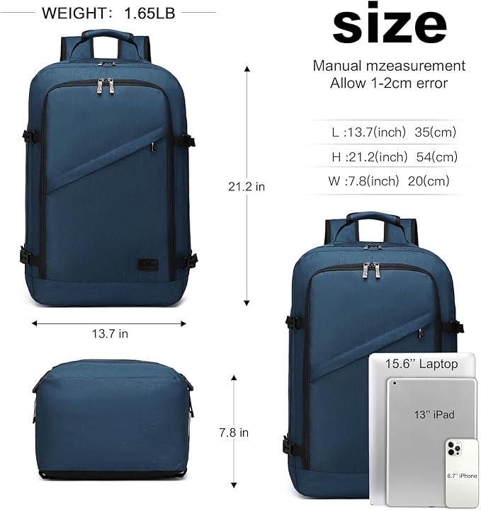 Kono Carry on Backpack, 22" Airplane Approved Travel Backpack for Men and Women, Waterproof Lightweight Daypack for Flight 40L (Navy, Large)