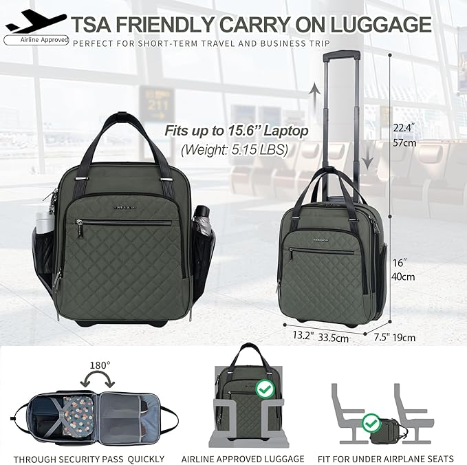 EMPSIGN Underseat Carry On Wheeled - 16" Carry on Bag with Wheels Multi-functional Lightweight Rolling Bag Overnight Weekender Small Suitcase for Women Men Travel Business, Army Green