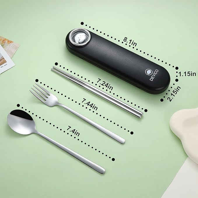 DEVICO Travel Utensils with Case Cute, Reusable Silverware for Lunch, Portable Cutlery Set, 18/8 Stainless Steel Fork Spoon Chopsticks in Cartoon Case, Dishwasher Safe (Black)